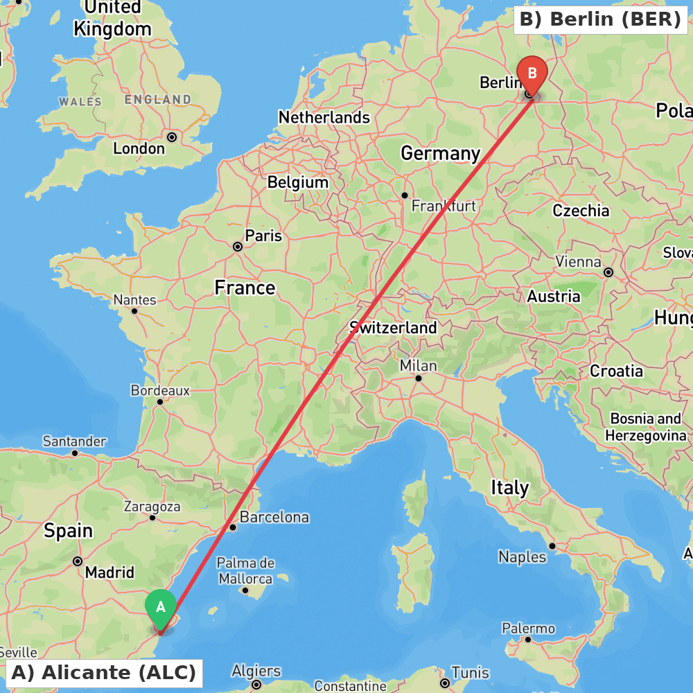 Flight route map from Alicante to Berlin