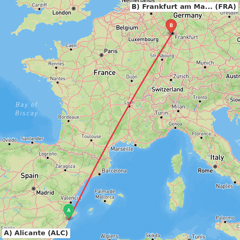 Flight route map from Alicante to Frankfurt am Main