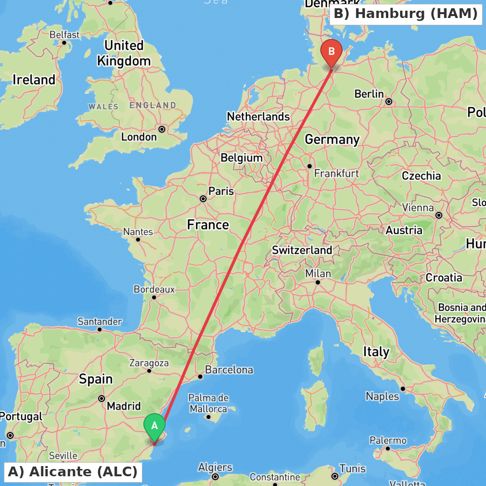 Flight route map from Alicante to Hamburg