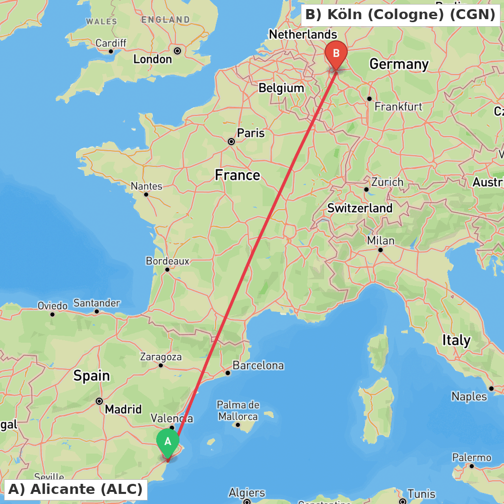 Flight route map from Alicante to Köln (Cologne)