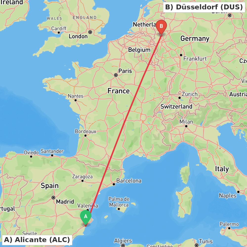 Flight route map from Alicante to Düsseldorf