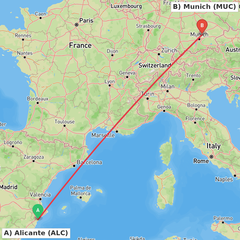 Flight route map from Alicante to Munich