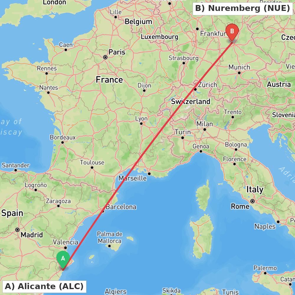 Flight route map from Alicante to Nuremberg
