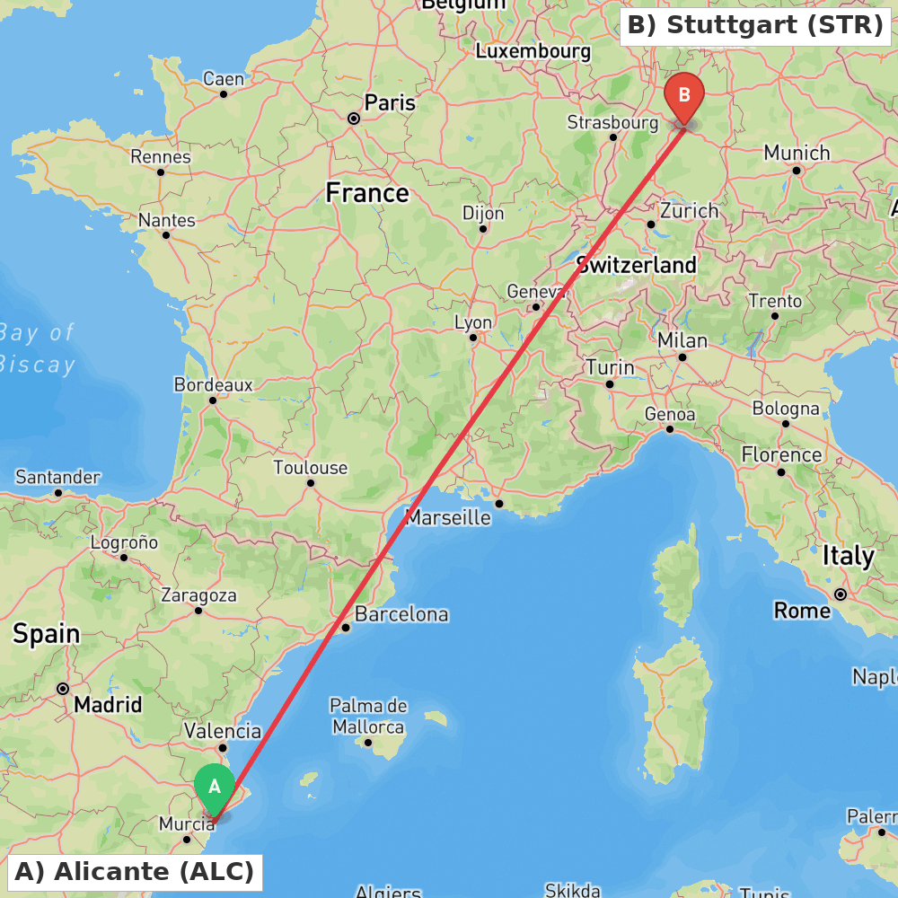 Flight route map from Alicante to Stuttgart