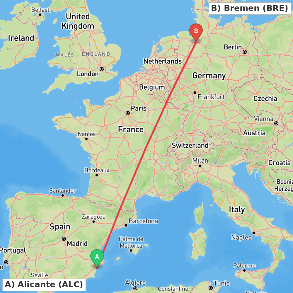Flight route map from Alicante to Bremen