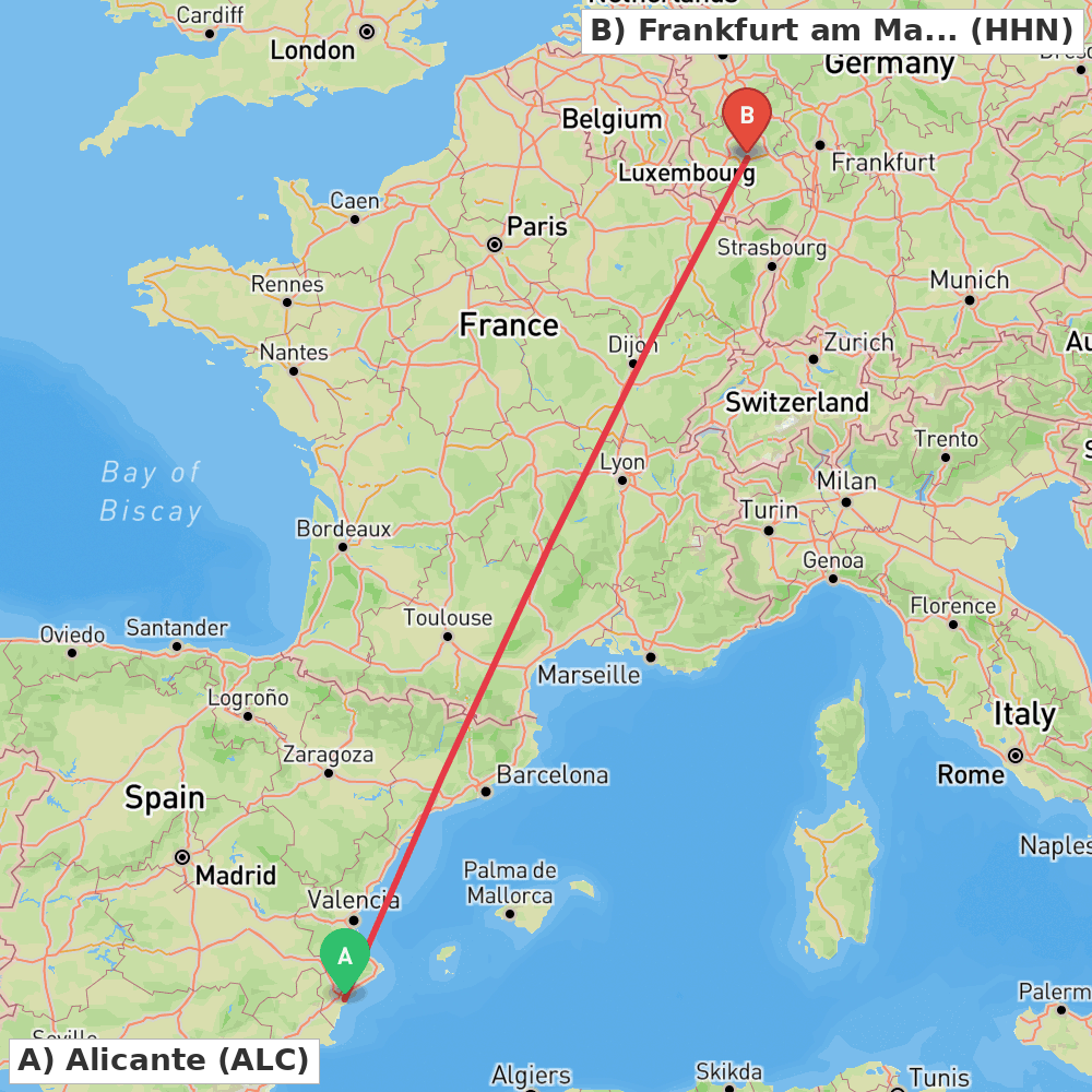 Flight route map from Alicante to Frankfurt am Main (Lautzenhausen)