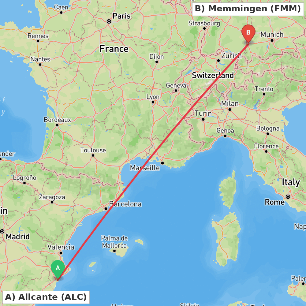 Flight route map from Alicante to Memmingen