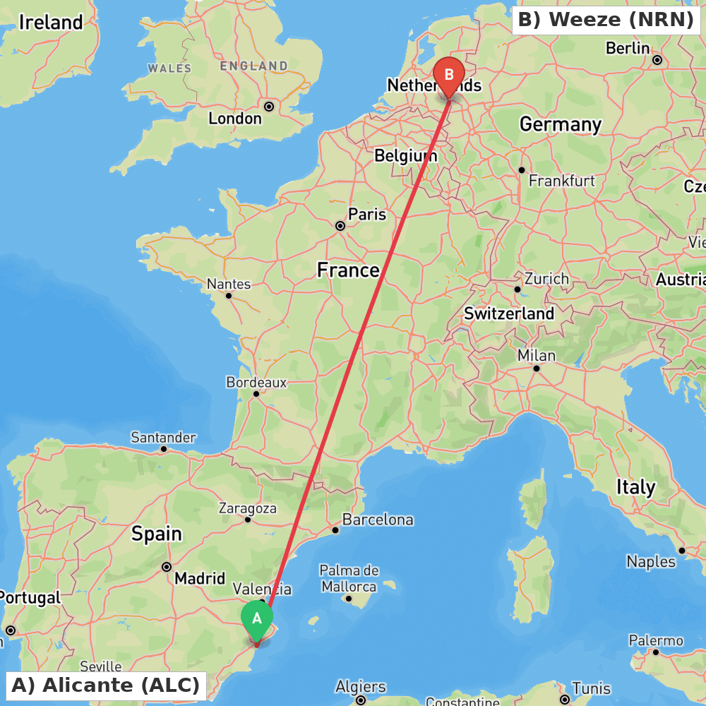 Flight route map from Alicante to Weeze
