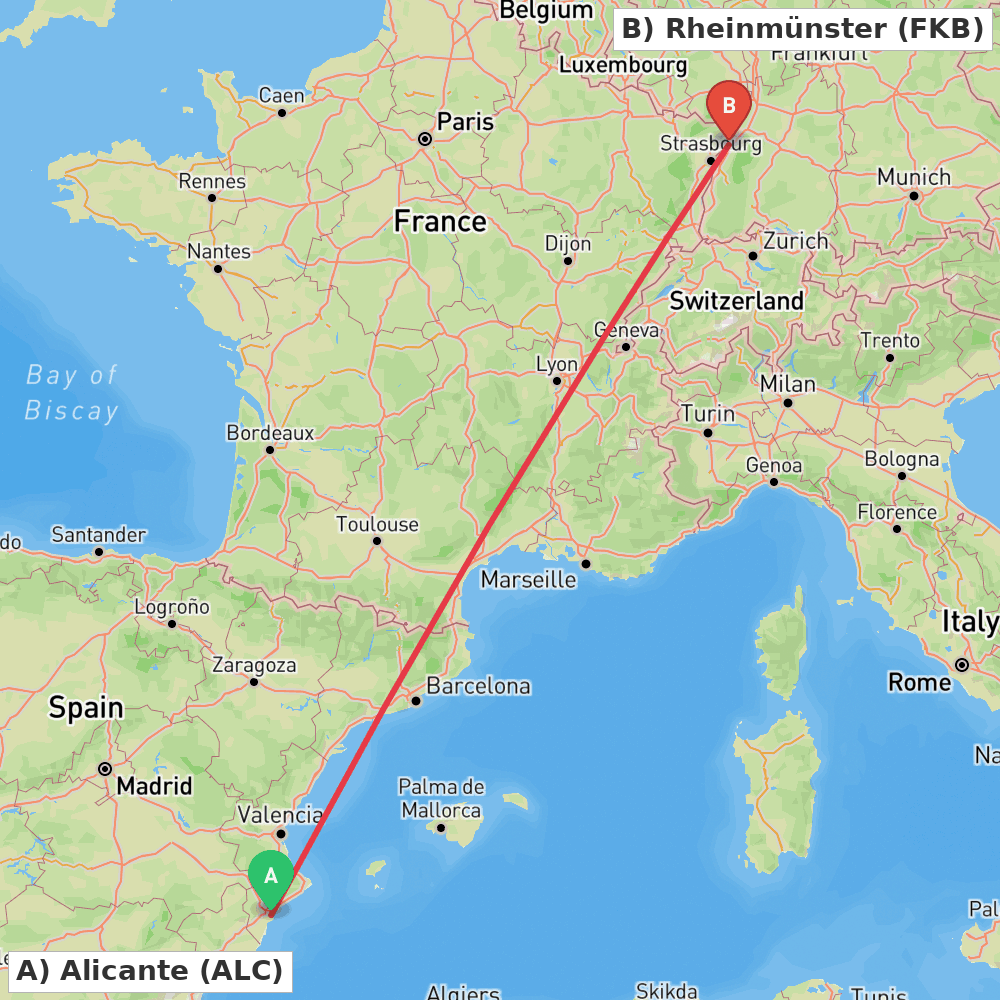 Flight route map from Alicante to Rheinmünster