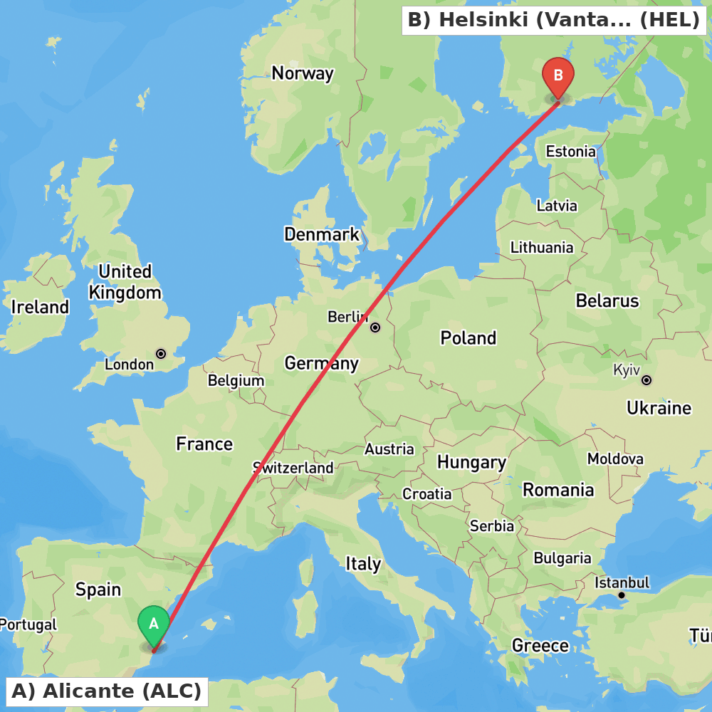 Flight route map from Alicante to Helsinki (Vantaa)