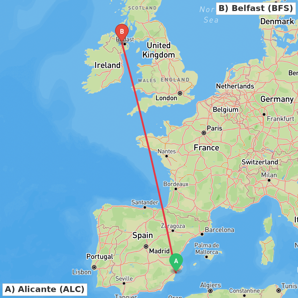 Flight route map from Alicante to Belfast