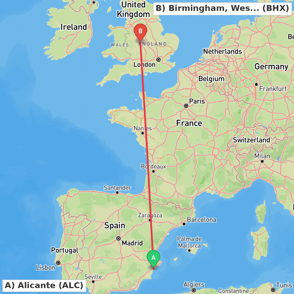 Flight route map from Alicante to Birmingham, West Midlands