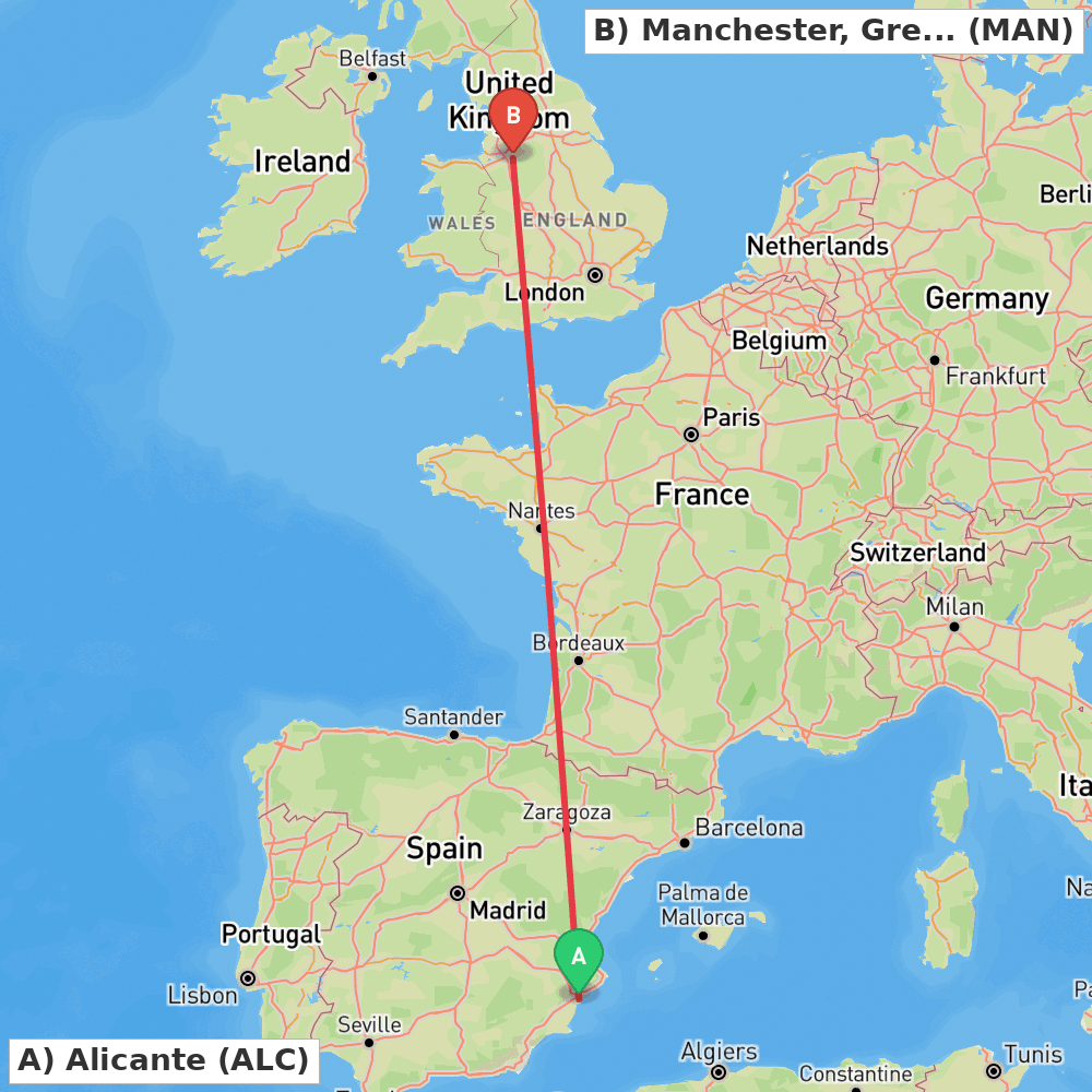 Flight route map from Alicante to Manchester, Greater Manchester