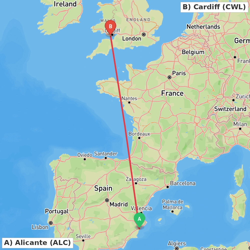 Flight route map from Alicante to Cardiff