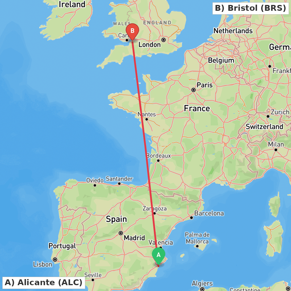 Flight route map from Alicante to Bristol
