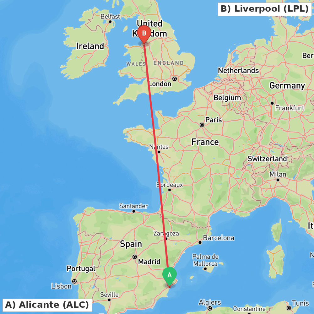 Flight route map from Alicante to Liverpool