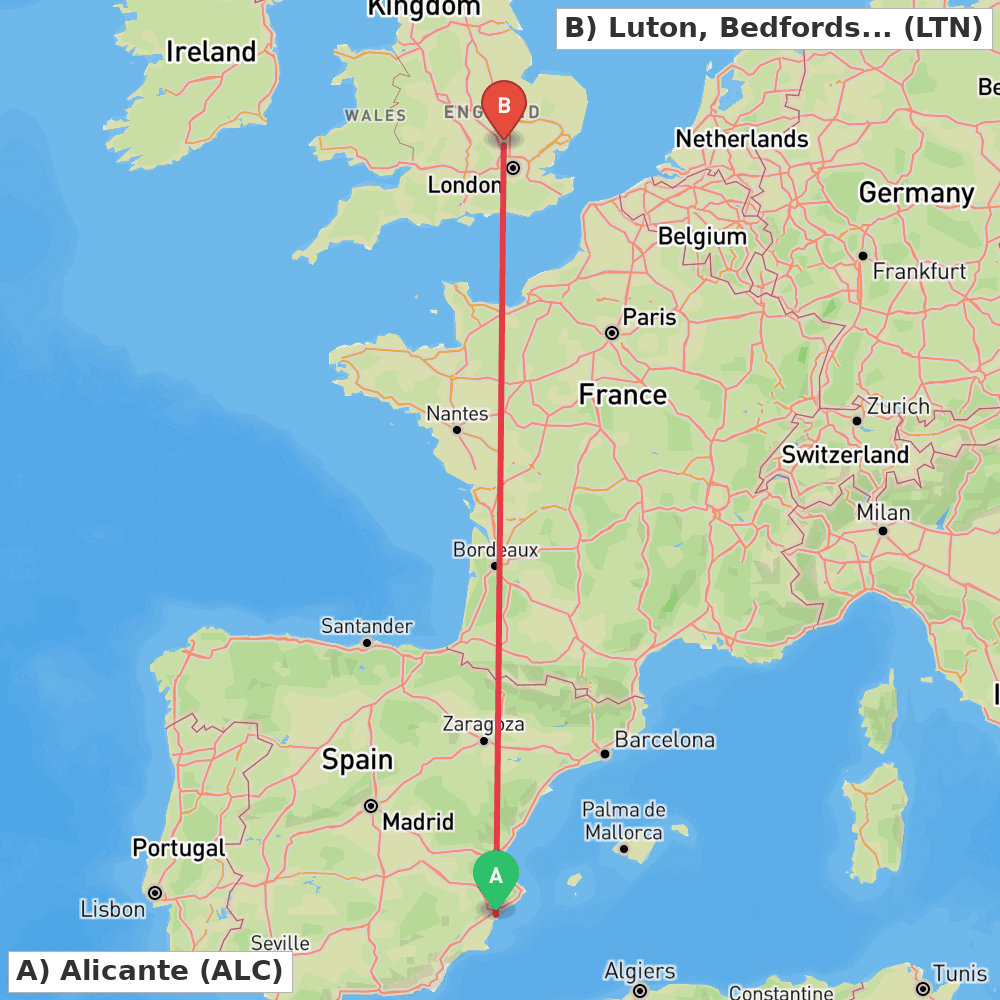 Flight route map from Alicante to Luton, Bedfordshire