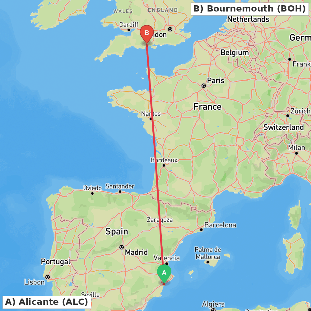 Flight route map from Alicante to Bournemouth