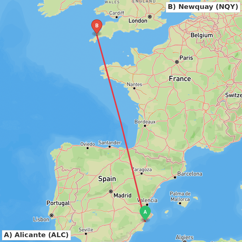 Flight route map from Alicante to Newquay