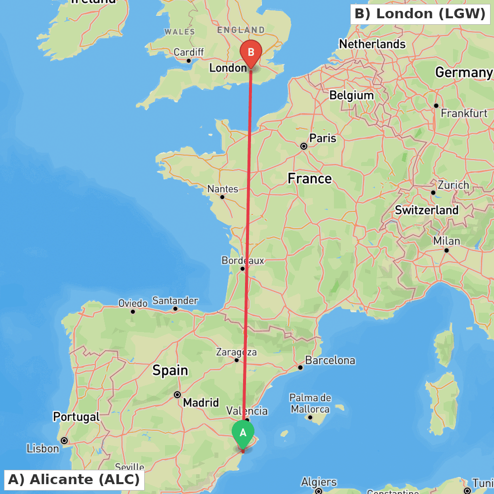 Flight route map from Alicante to London