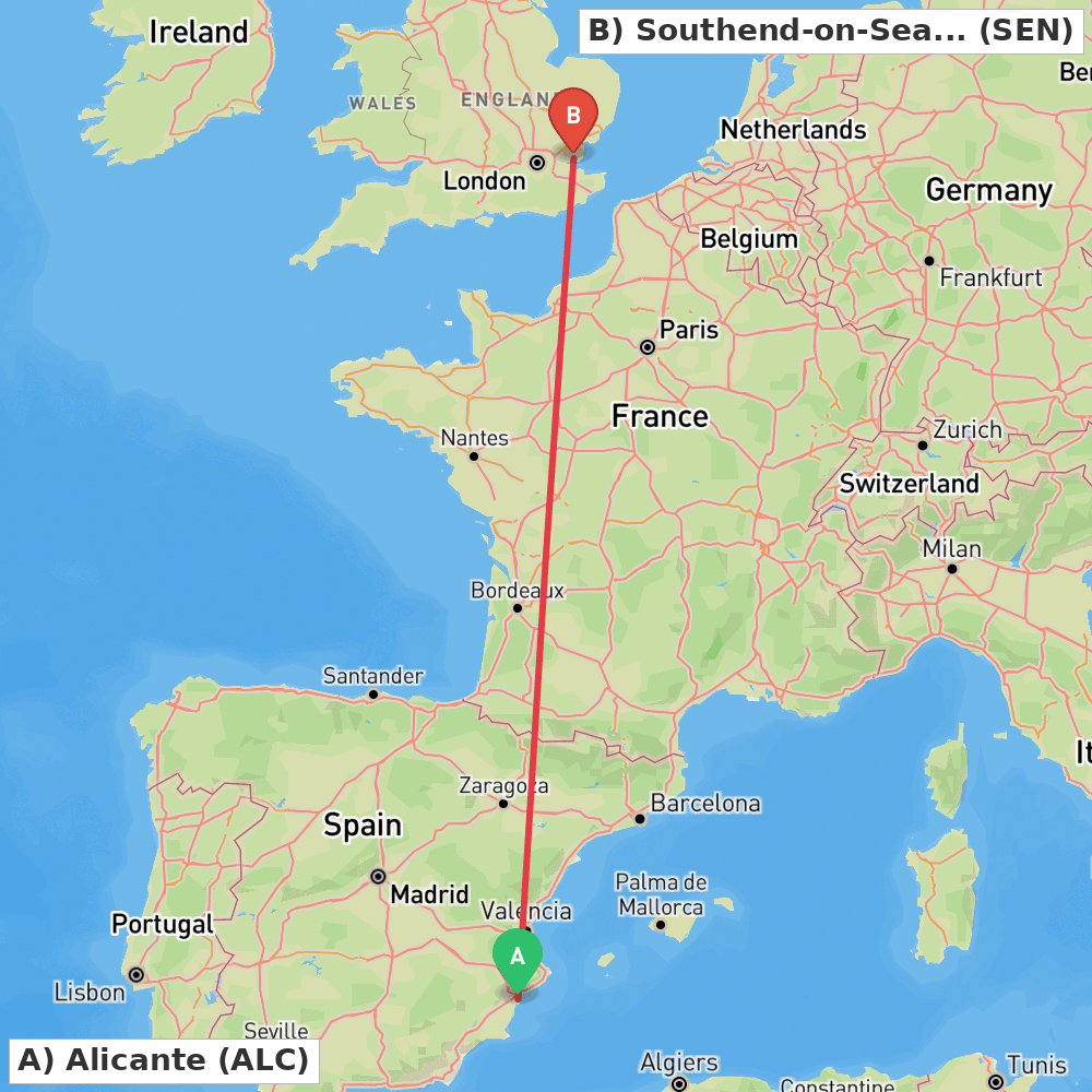 Flight route map from Alicante to Southend-on-Sea, Essex