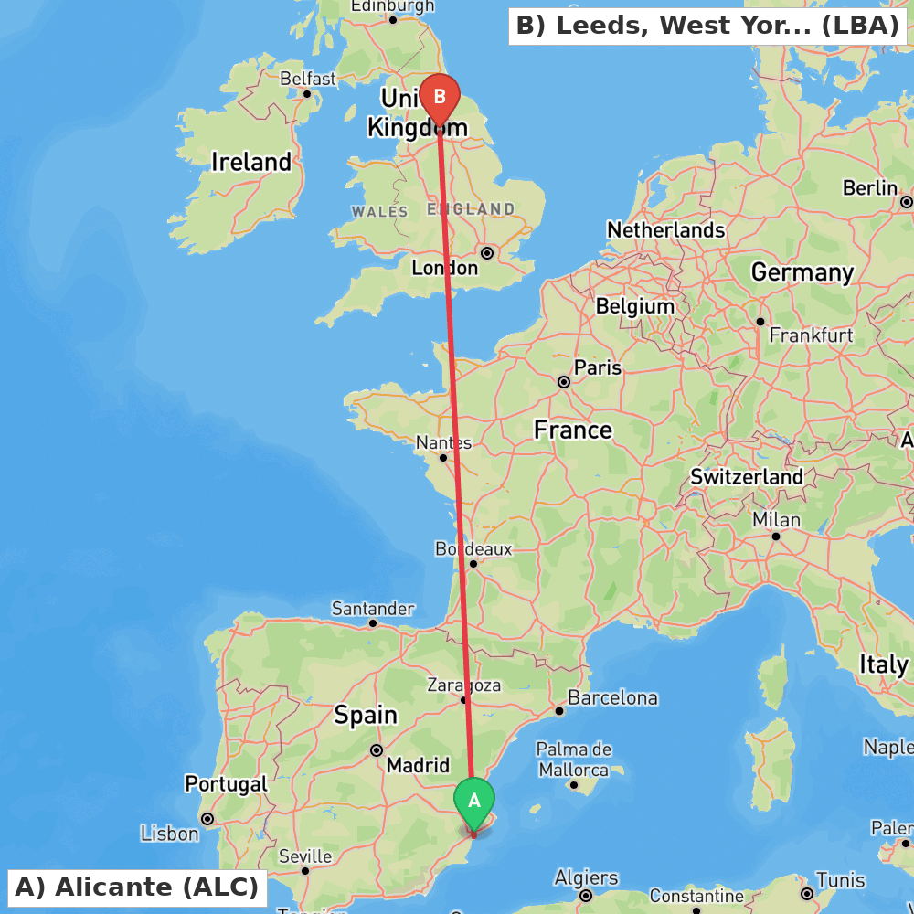 Flight route map from Alicante to Leeds, West Yorkshire