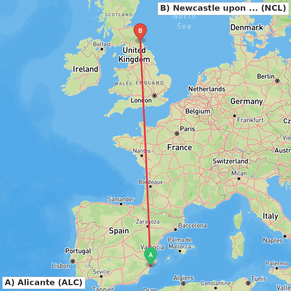Flight route map from Alicante to Newcastle upon Tyne, Tyne and Wear