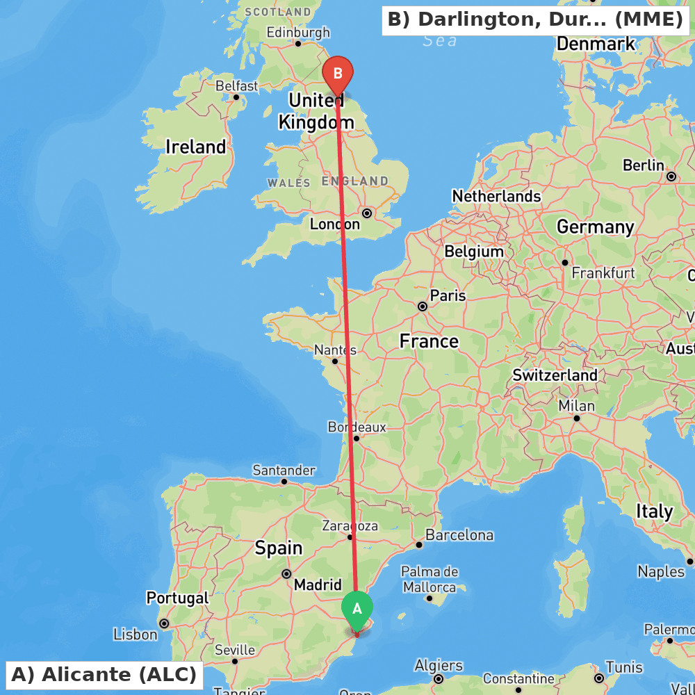 Flight route map from Alicante to Darlington, Durham