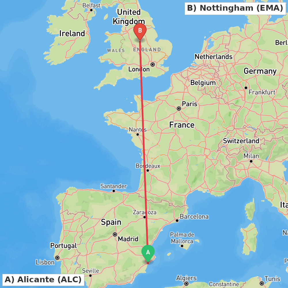 Flight route map from Alicante to Nottingham