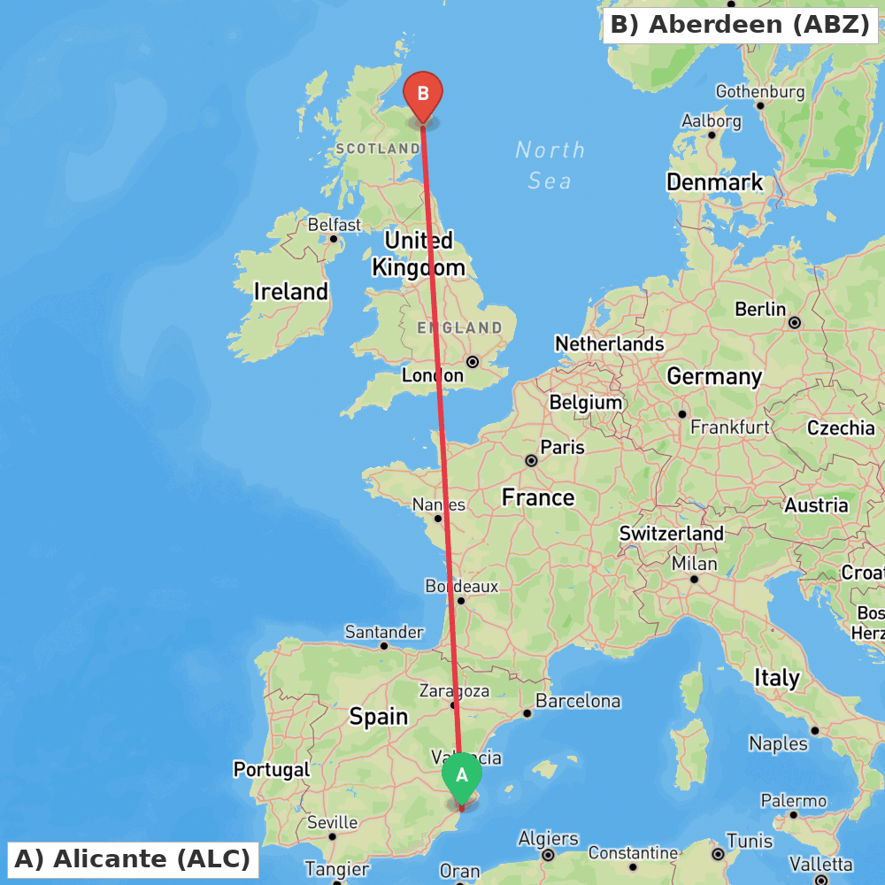 Flight route map from Alicante to Aberdeen