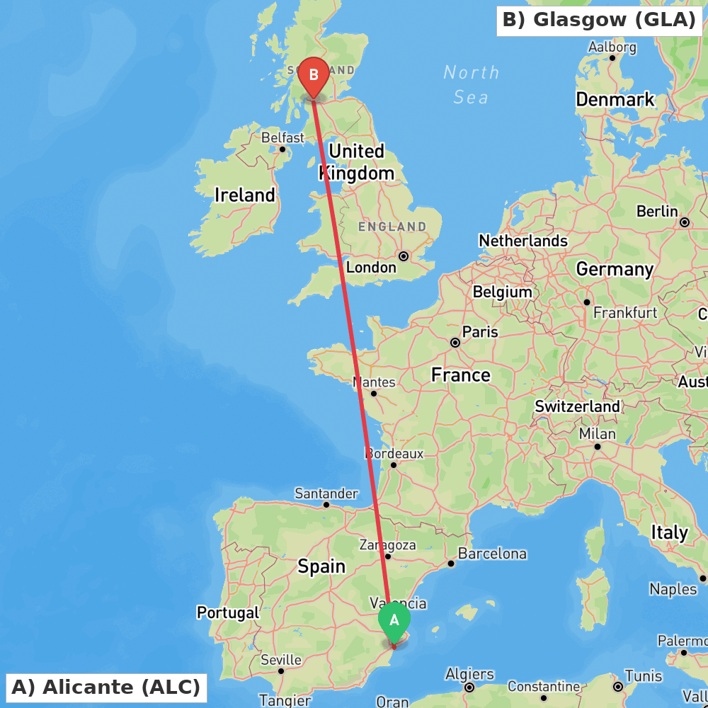 Flight route map from Alicante to Glasgow