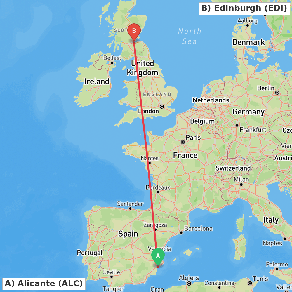 Flight route map from Alicante to Edinburgh
