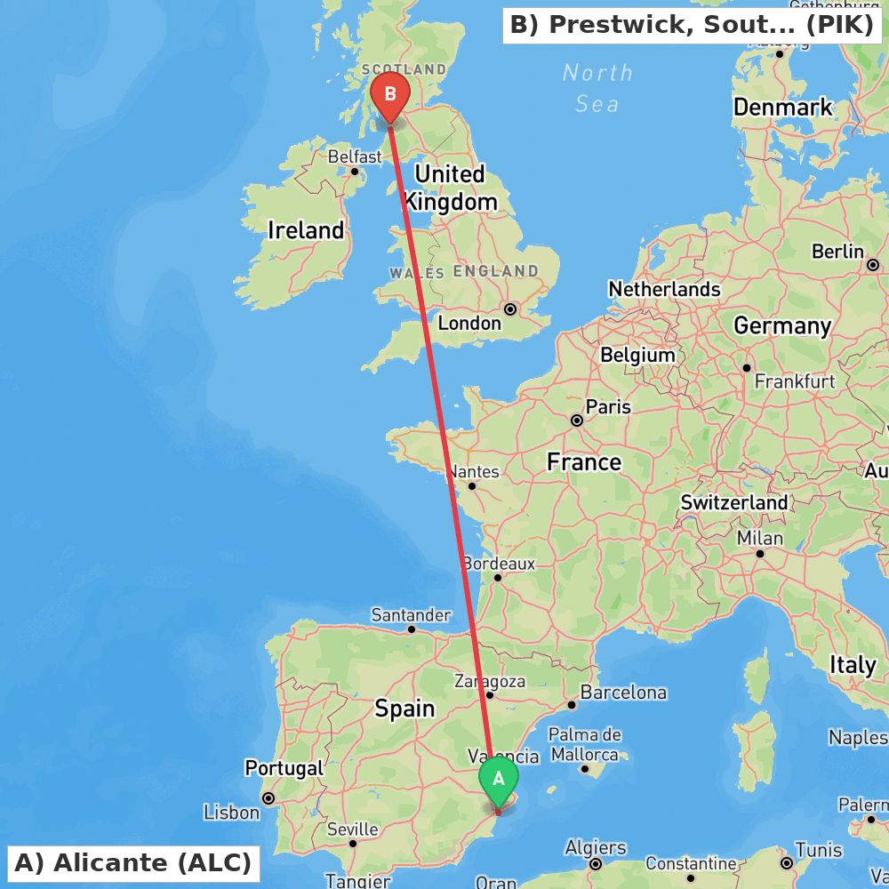Flight route map from Alicante to Prestwick, South Ayrshire