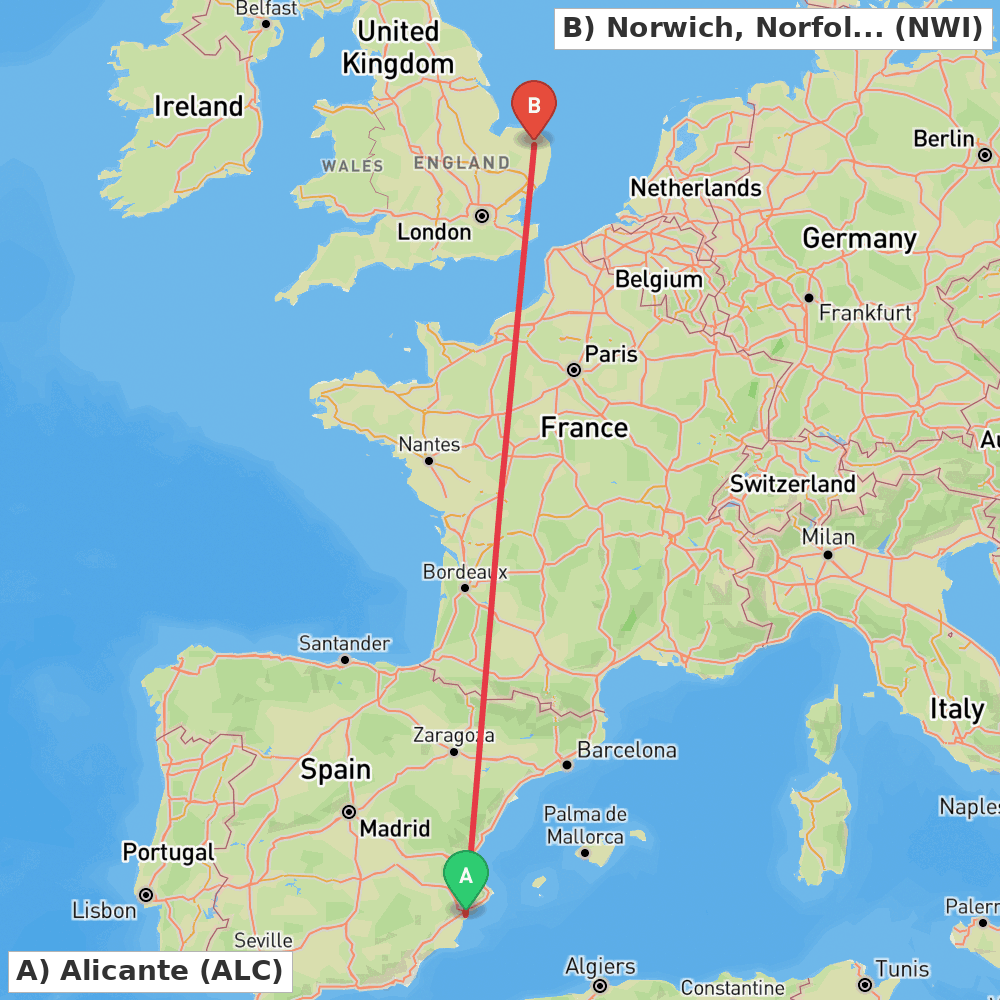 Flight route map from Alicante to Norwich, Norfolk