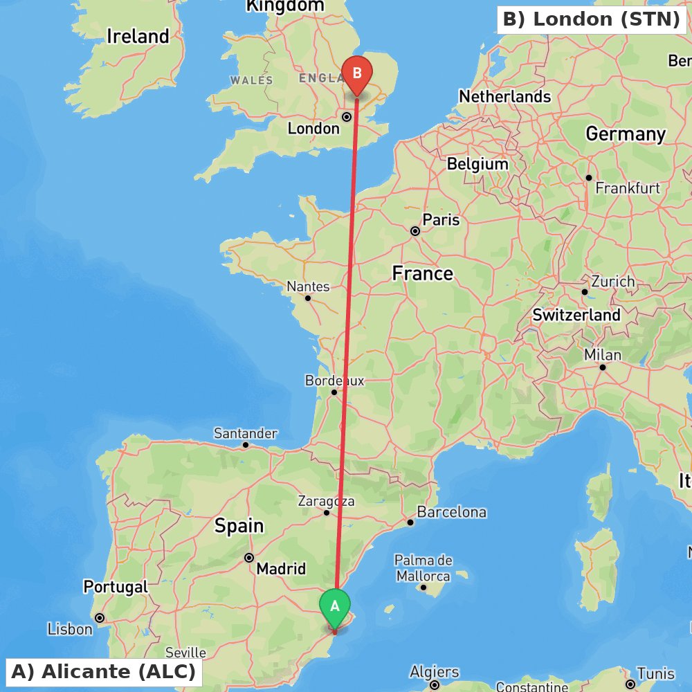 Flight route map from Alicante to London