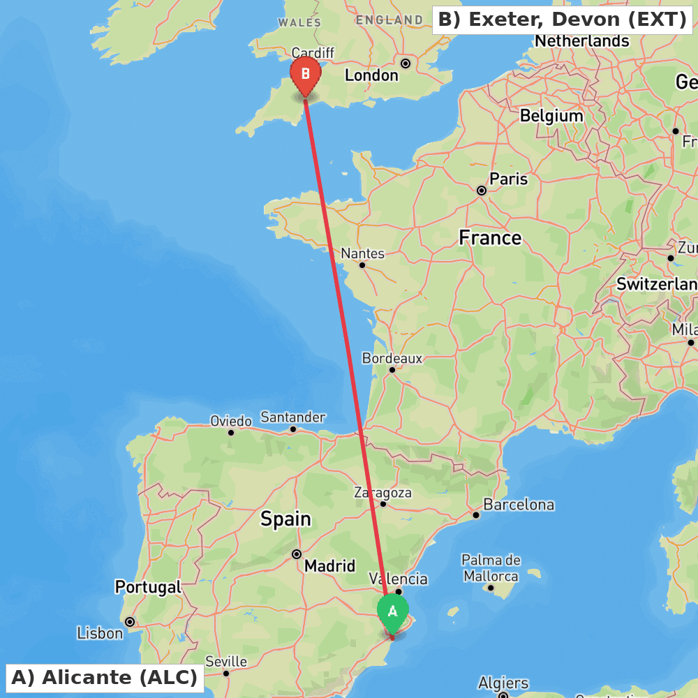 Flight route map from Alicante to Exeter, Devon