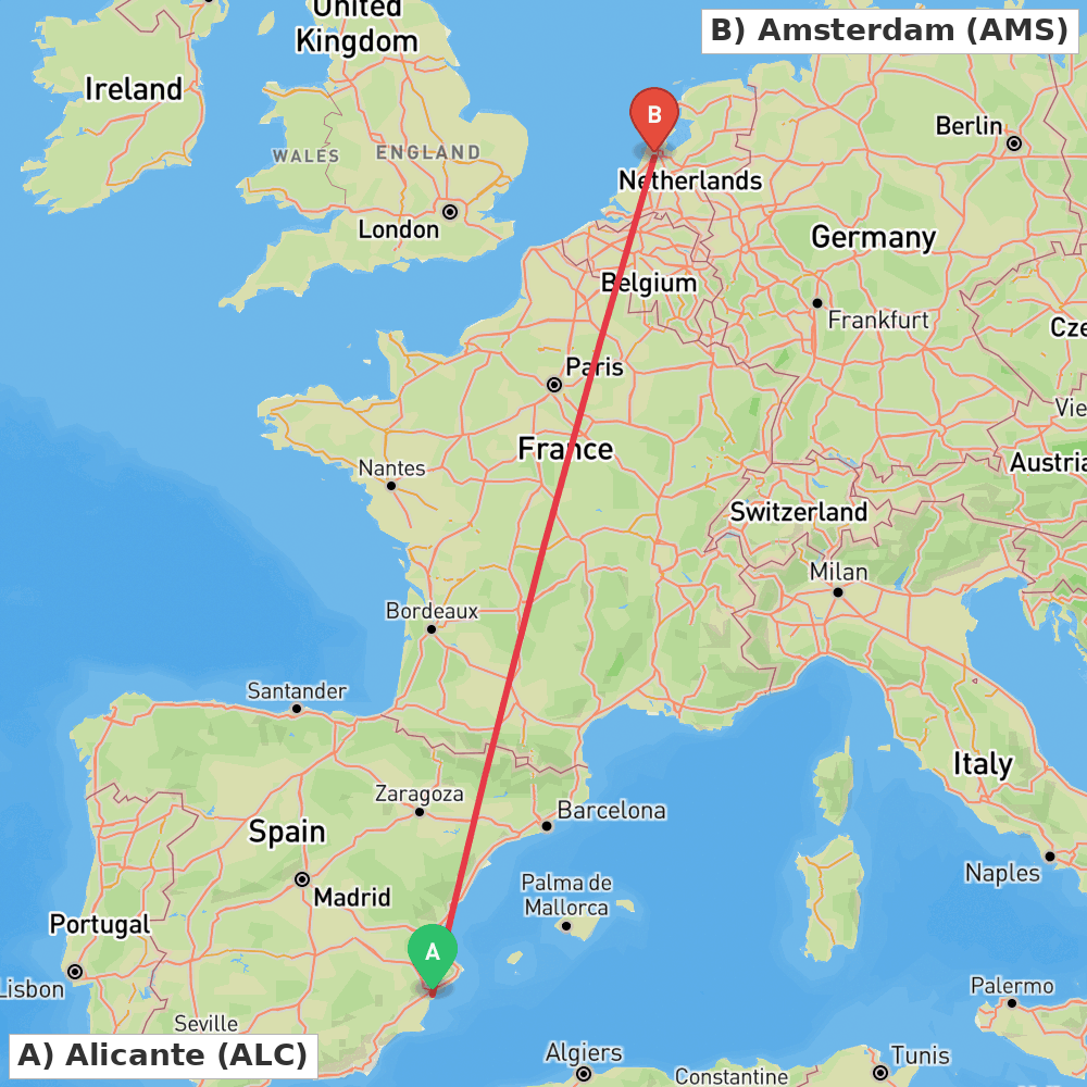 Flight route map from Alicante to Amsterdam