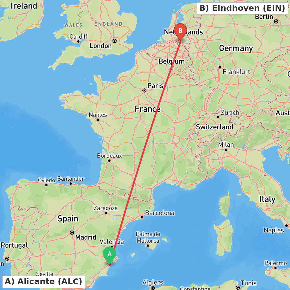 Flight route map from Alicante to Eindhoven
