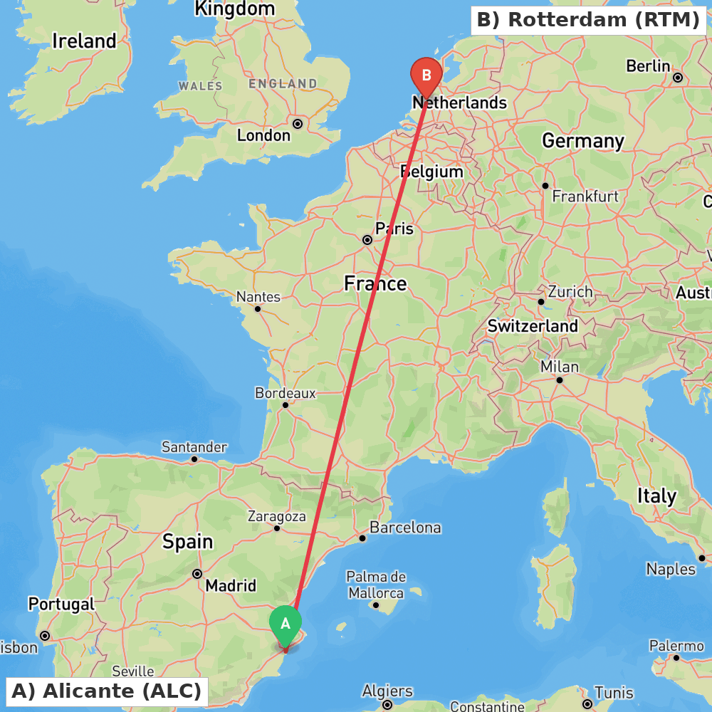 Flight route map from Alicante to Rotterdam