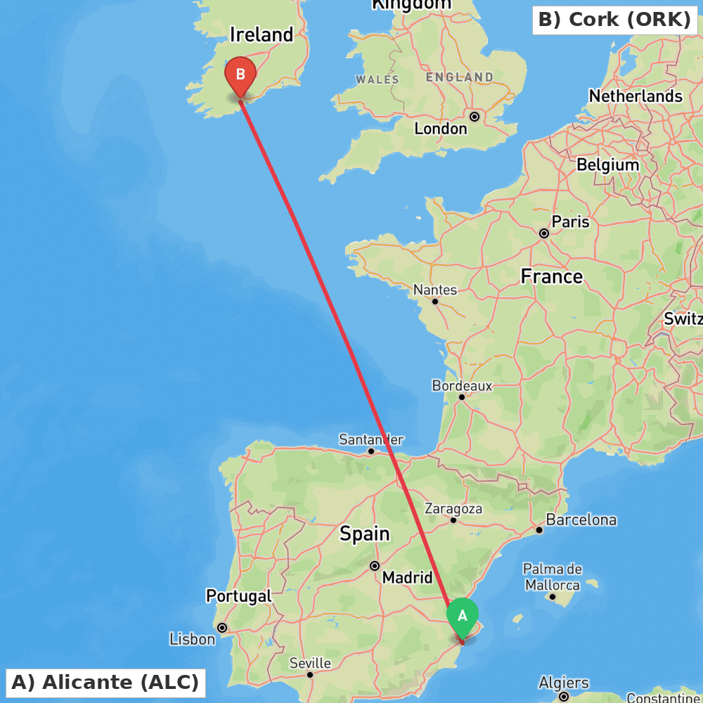 Flight route map from Alicante to Cork