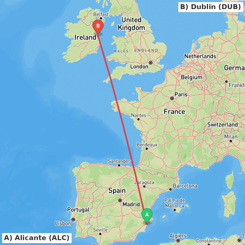 Flight route map from Alicante to Dublin