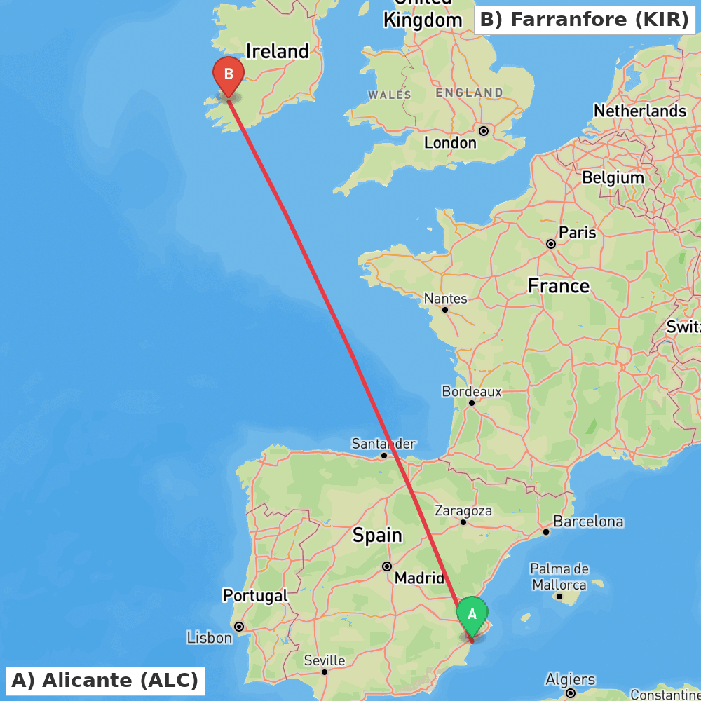 Flight route map from Alicante to Farranfore