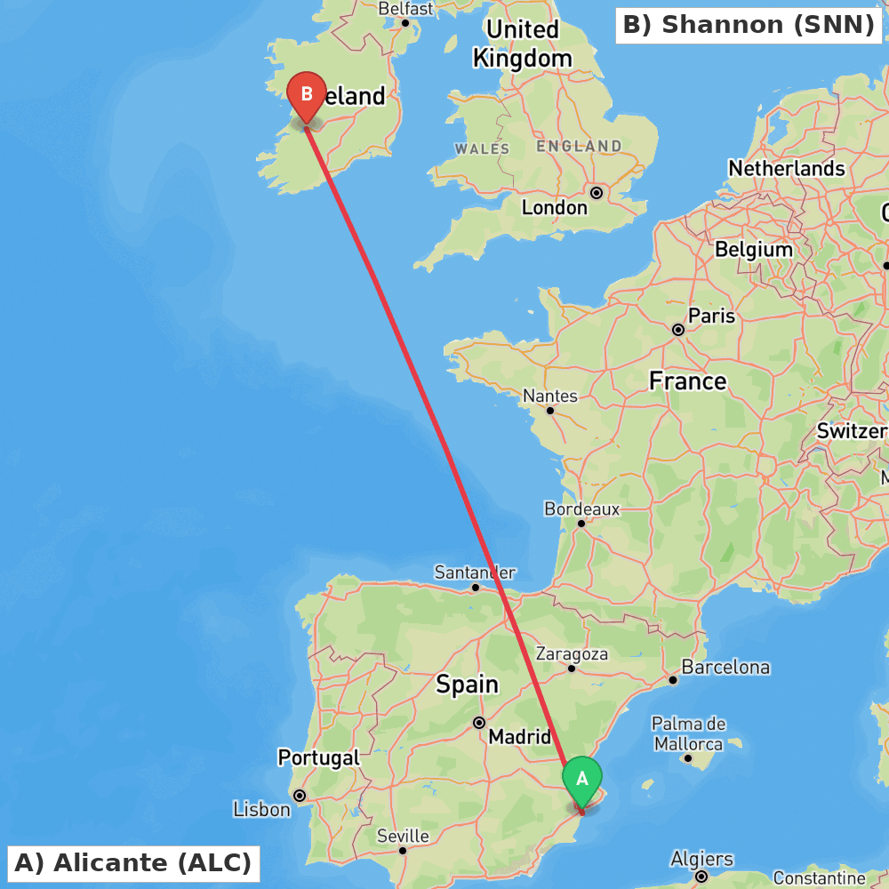 Flight route map from Alicante to Shannon
