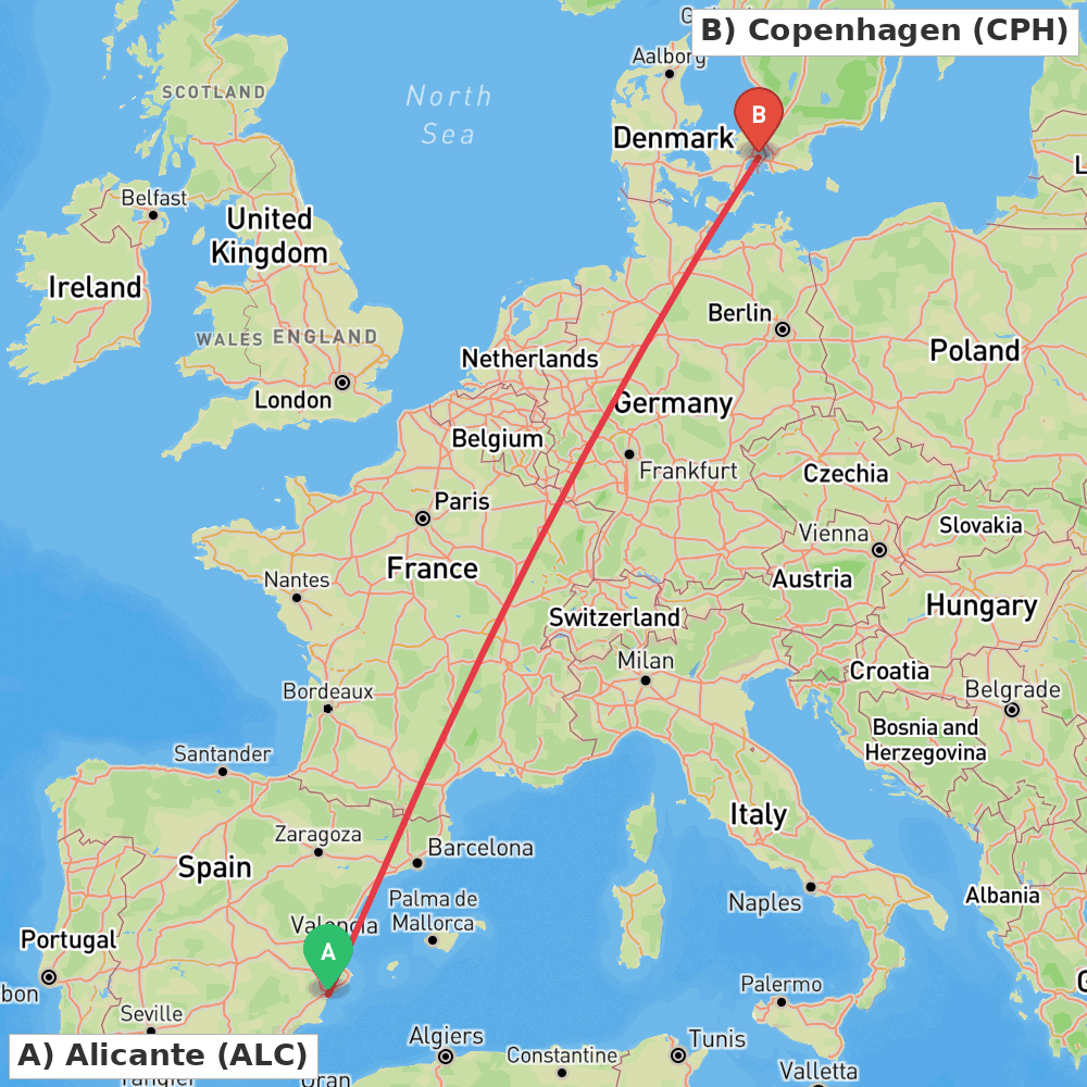 Flight route map from Alicante to Copenhagen