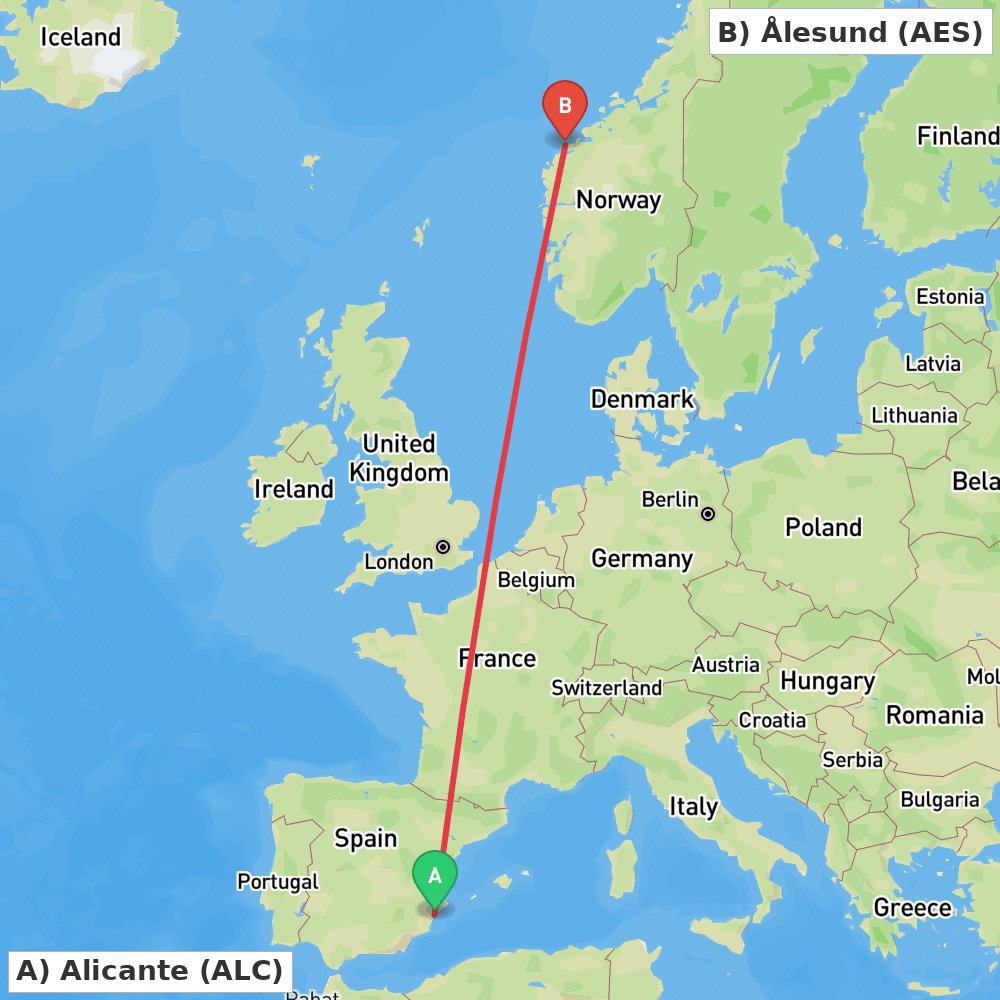 Flight route map from Alicante to Ålesund