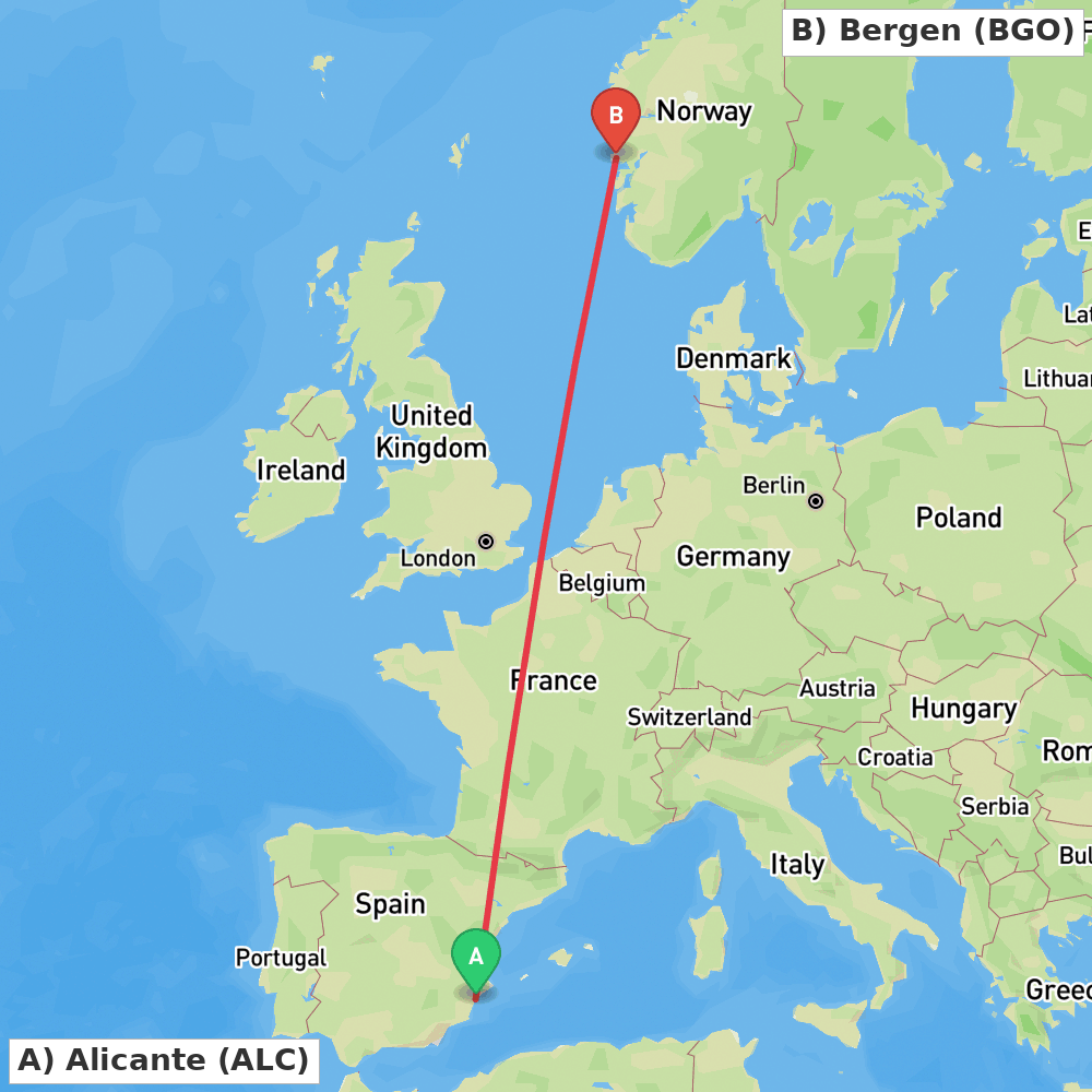 Flight route map from Alicante to Bergen
