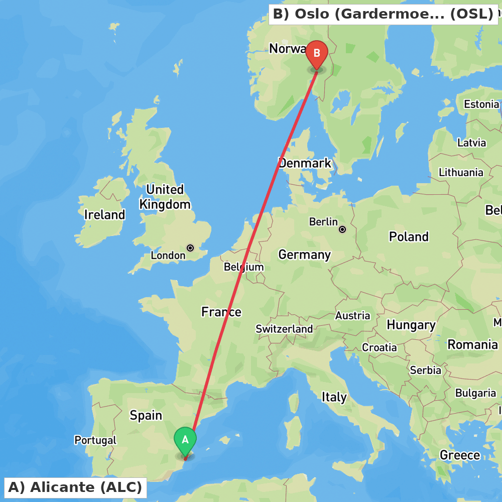Flight route map from Alicante to Oslo (Gardermoen)