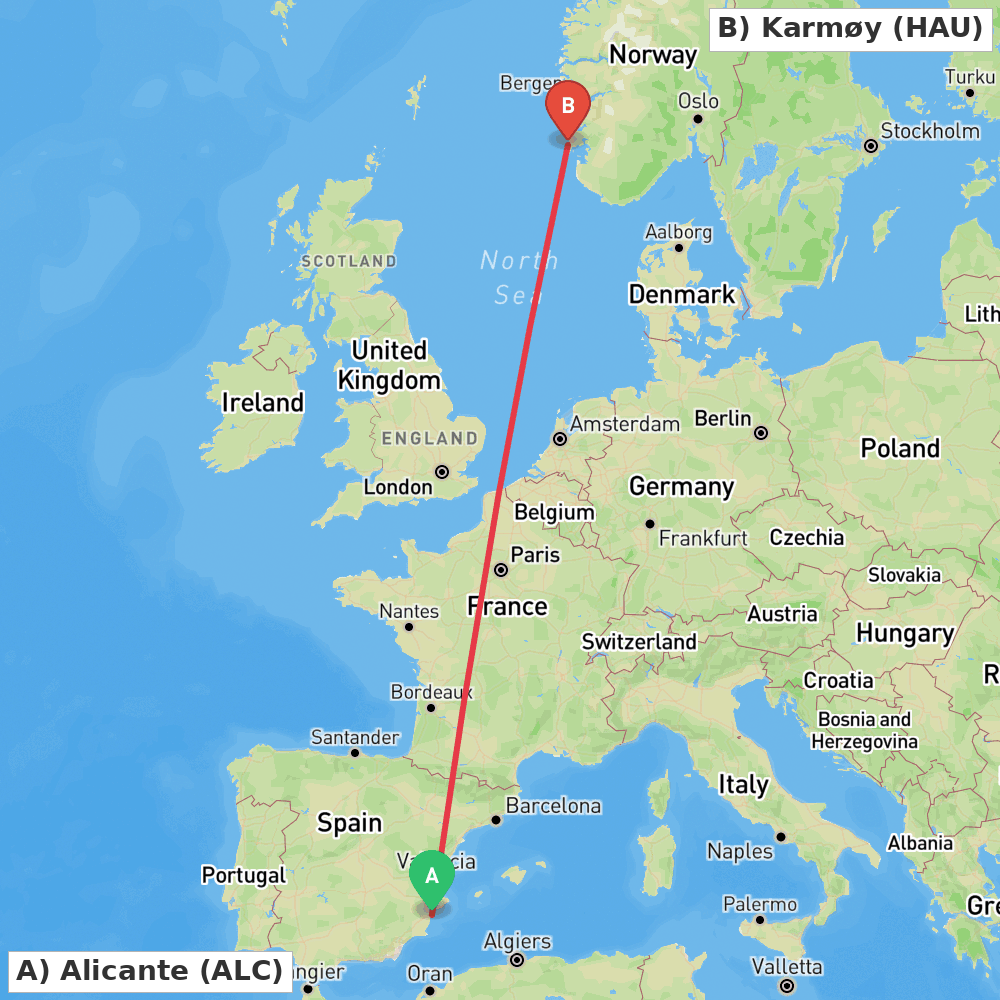 Flight route map from Alicante to Karmøy