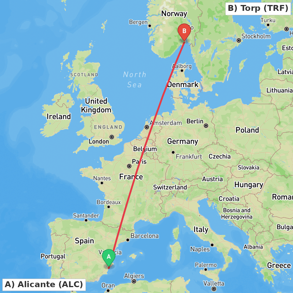 Flight route map from Alicante to Torp