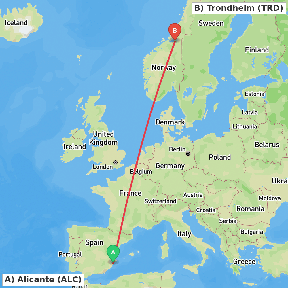 Flight route map from Alicante to Trondheim